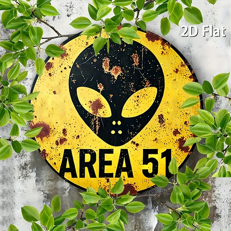 2D Flat 1pc Vintage Metal Sign, Area 51 Alien Warning Aluminium Round Poster with Iconic Alien Symbol, Retro Vintage Look Wall A