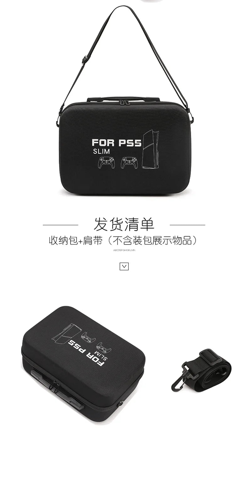 For PS5 Slim Console Carrying Case Lightweight EVA Hard Shell Storage Bag with Shoulder Strap Fits 2 Controllers Stand Cables