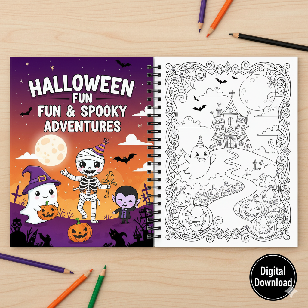 Album da Colorare di Halloween per Bambini e Adulti | 100+ Pagine Digitali da Stampare | Fantasmi, Mummie, Streghe Carine | Download Istantaneo PDF | Per Relax e Divertimento Spaventoso