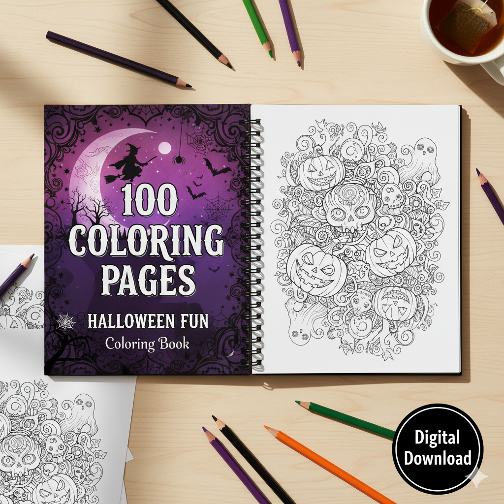 Album da Colorare di Halloween per Bambini e Adulti | 100+ Pagine Digitali da Stampare | Fantasmi, Mummie, Streghe Carine | Download Istantaneo PDF | Per Relax e Divertimento Spaventoso
