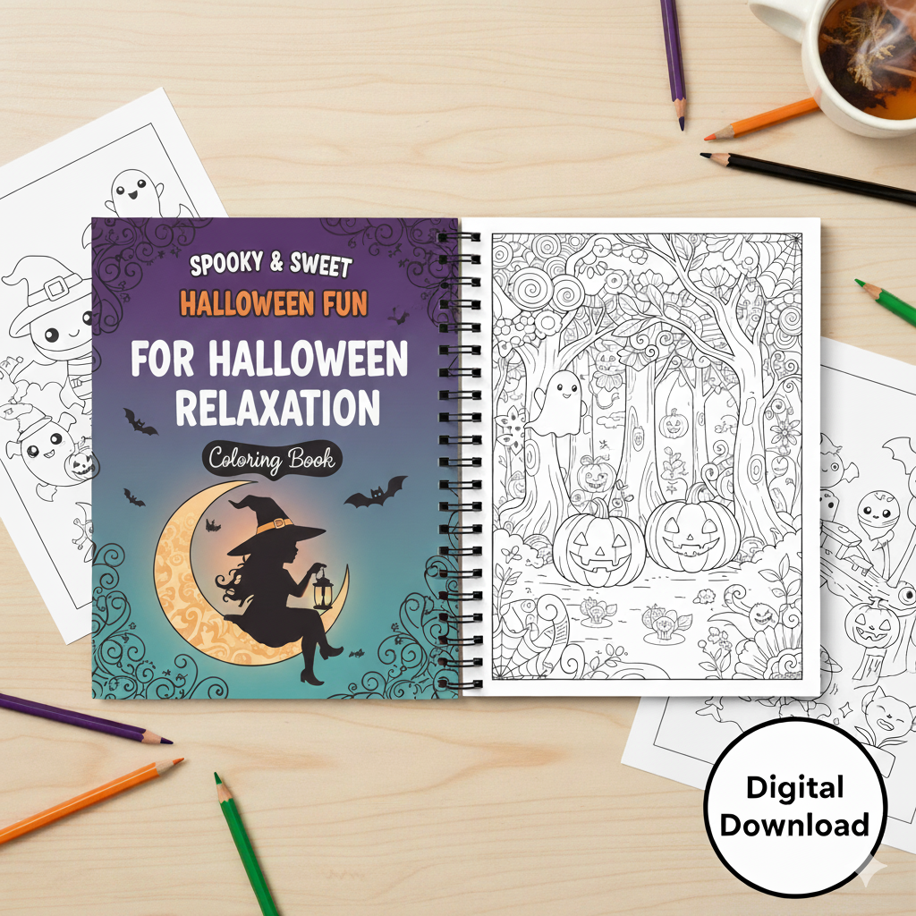 Album da Colorare di Halloween per Bambini e Adulti | 100+ Pagine Digitali da Stampare | Fantasmi, Mummie, Streghe Carine | Download Istantaneo PDF | Per Relax e Divertimento Spaventoso