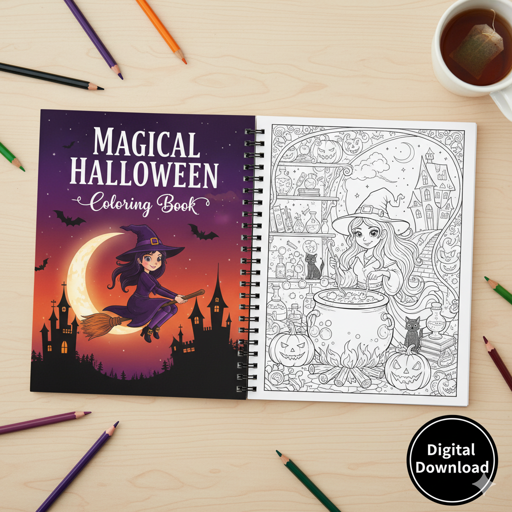 Album da Colorare di Halloween per Bambini e Adulti | 100+ Pagine Digitali da Stampare | Fantasmi, Mummie, Streghe Carine | Download Istantaneo PDF | Per Relax e Divertimento Spaventoso