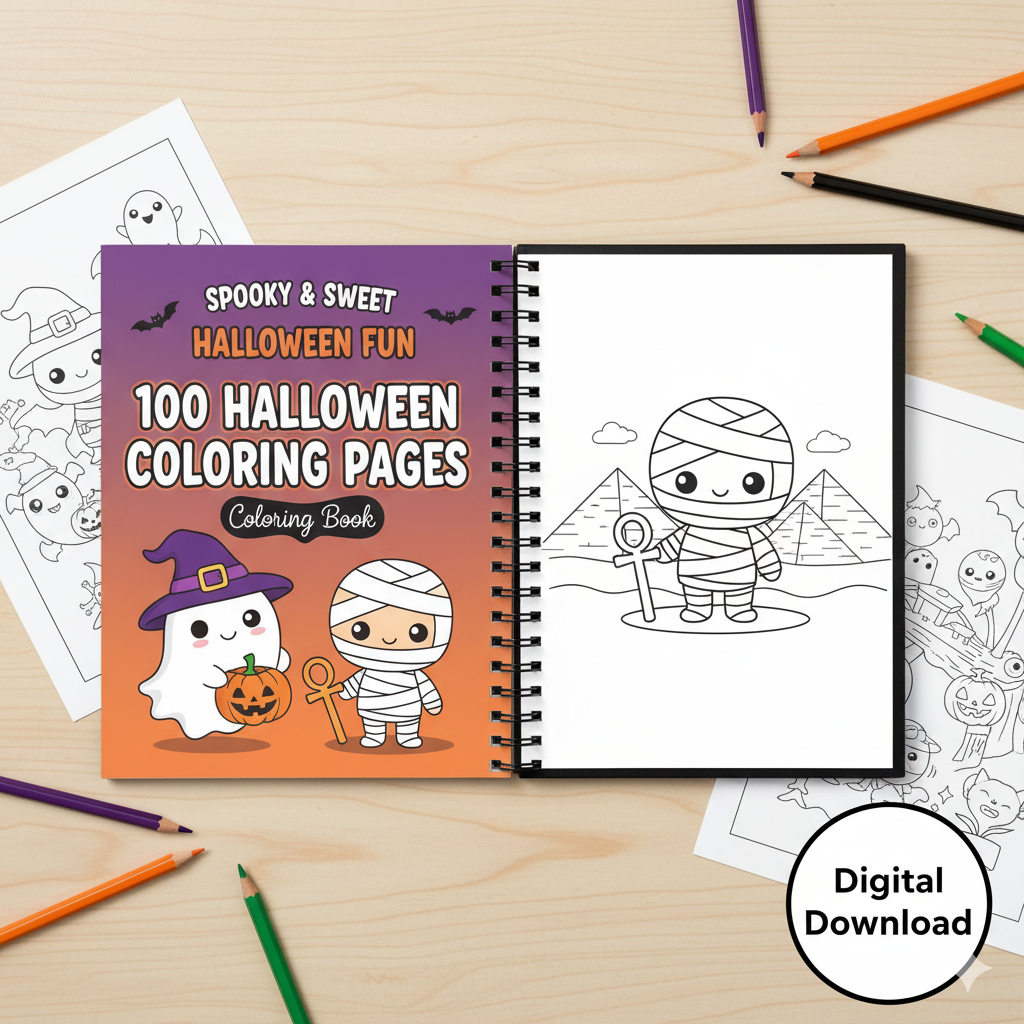 Album da Colorare di Halloween per Bambini e Adulti | 100+ Pagine Digitali da Stampare | Fantasmi, Mummie, Streghe Carine | Download Istantaneo PDF | Per Relax e Divertimento Spaventoso