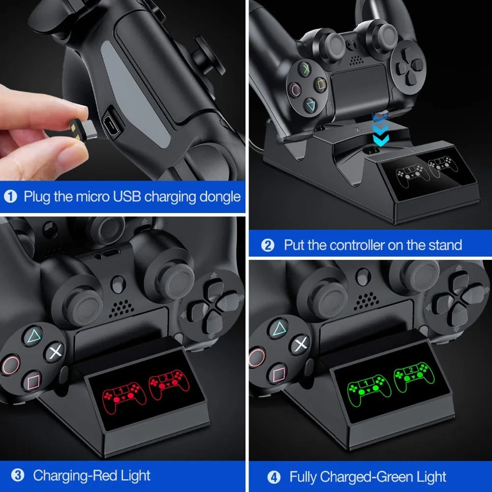 PS4 Controller Charger Charging Dock Station with 4 Micro USB Charging Dongles Dual Charging Dock for Playstation 4 PS4 Slim Pro