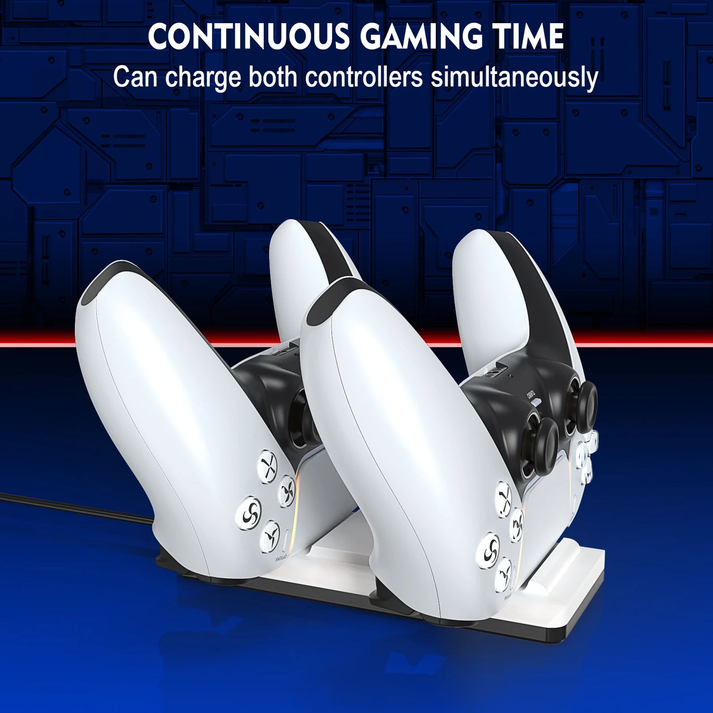 The charger is suitable for PS5 game controllers, supports 2 PS5 controllers to charge, with charging indicator/USB cable