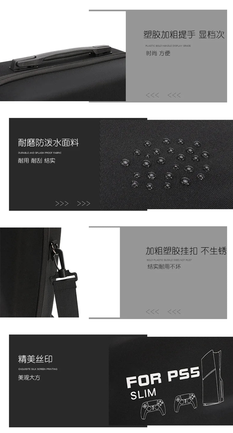 For PS5 Slim Console Carrying Case Lightweight EVA Hard Shell Storage Bag with Shoulder Strap Fits 2 Controllers Stand Cables