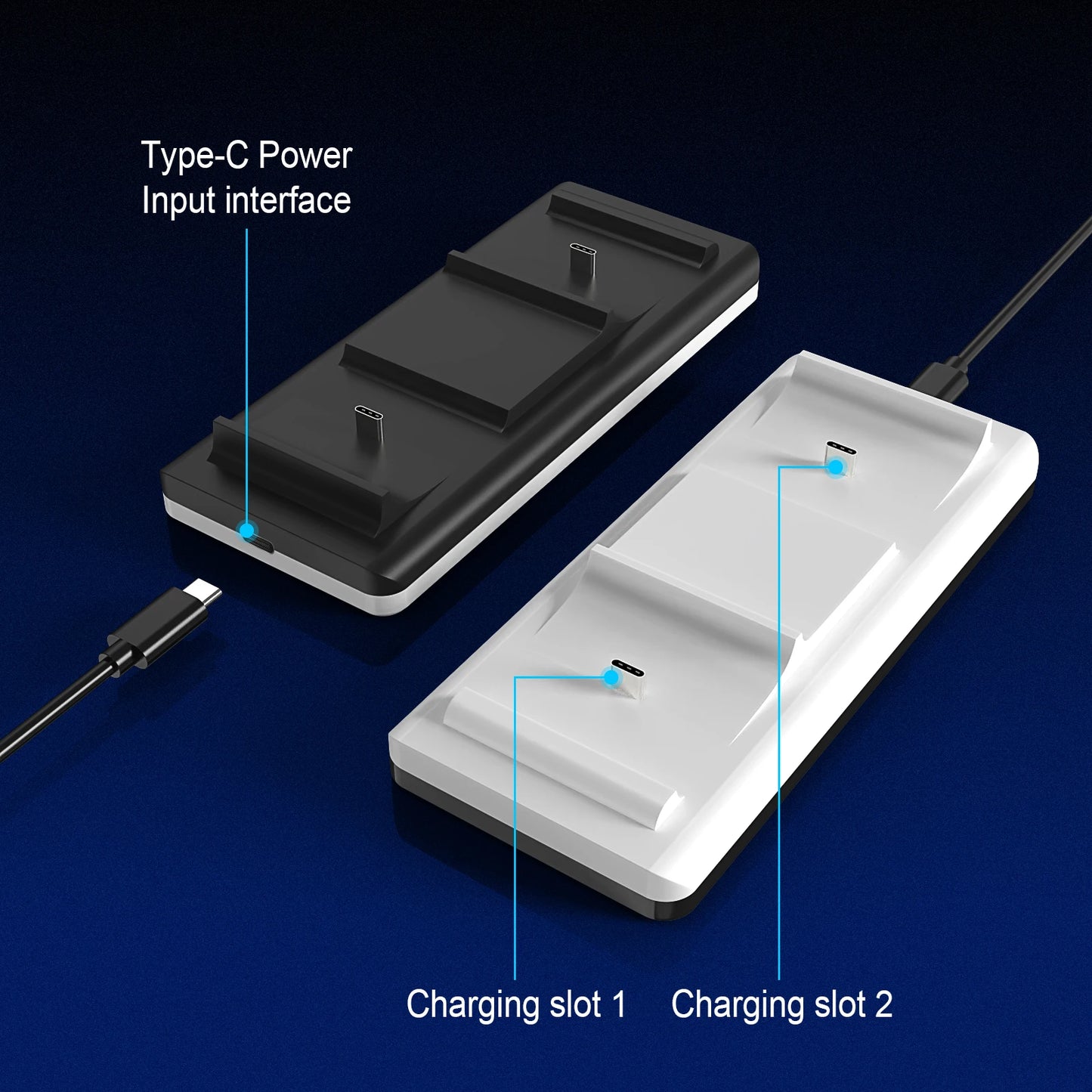 The charger is suitable for PS5 game controllers, supports 2 PS5 controllers to charge, with charging indicator/USB cable