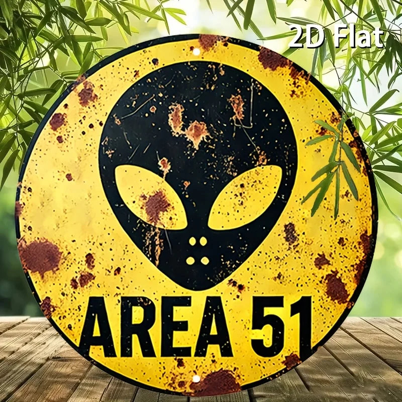2D Flat 1pc Vintage Metal Sign, Area 51 Alien Warning Aluminium Round Poster with Iconic Alien Symbol, Retro Vintage Look Wall A
