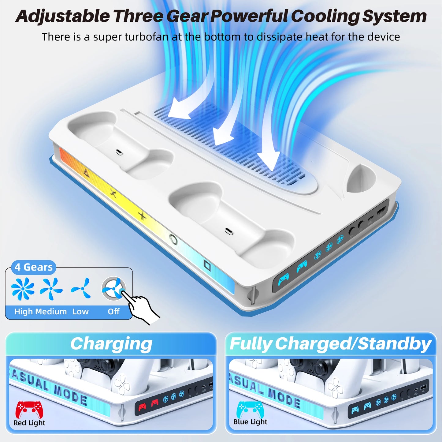 PS5/Pro/Slim Stand for Disc & Digital Console, Playsation 5 Cooling Station with Dual Controller Charger, RGB Light, DIY