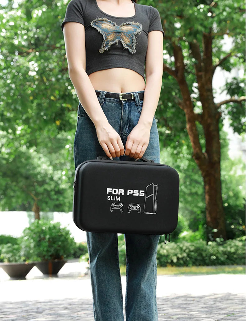 For PS5 Slim Console Carrying Case Lightweight EVA Hard Shell Storage Bag with Shoulder Strap Fits 2 Controllers Stand Cables