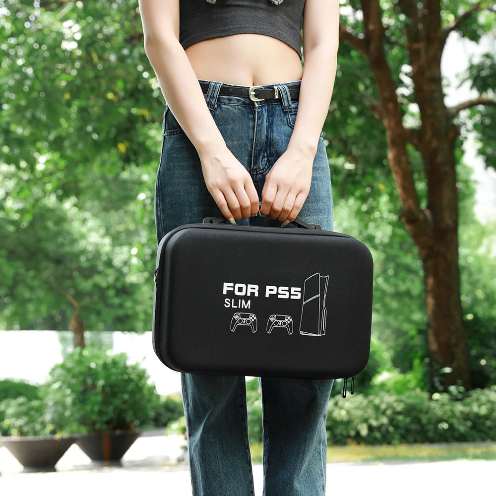 For PS5 Slim Console Carrying Case Lightweight EVA Hard Shell Storage Bag with Shoulder Strap Fits 2 Controllers Stand Cables
