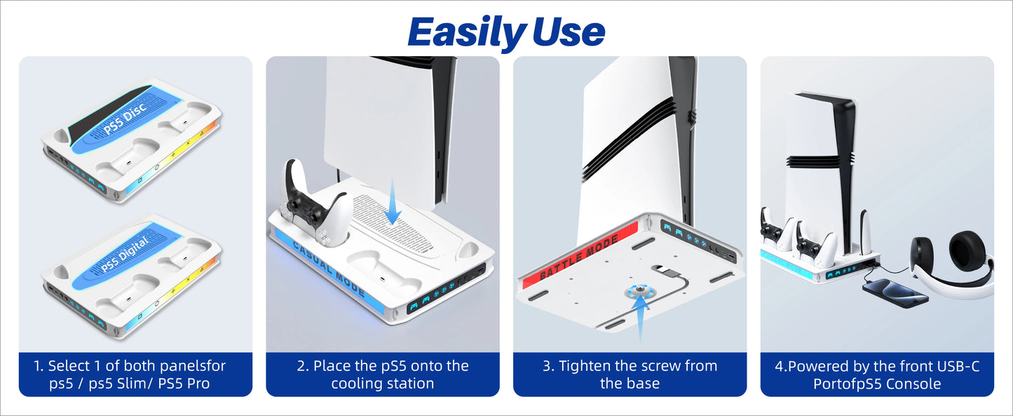 PS5/Pro/Slim Stand for Disc & Digital Console, Playsation 5 Cooling Station with Dual Controller Charger, RGB Light, DIY