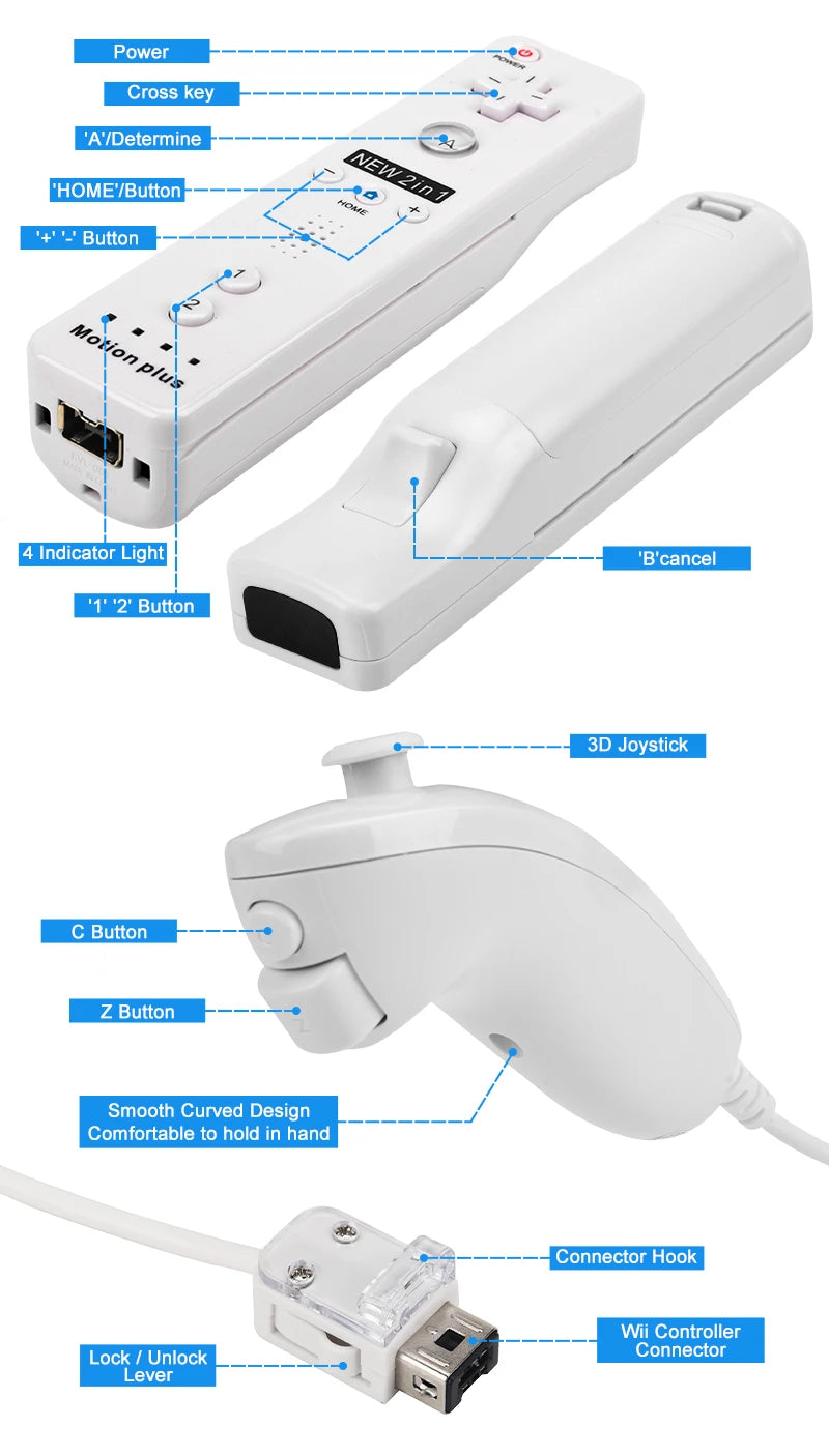 1 Set/2 Set Remote Controller with Nunchuck Controller for Wii Games Control for Wii Console Wireless Gamepad with Motion Plus