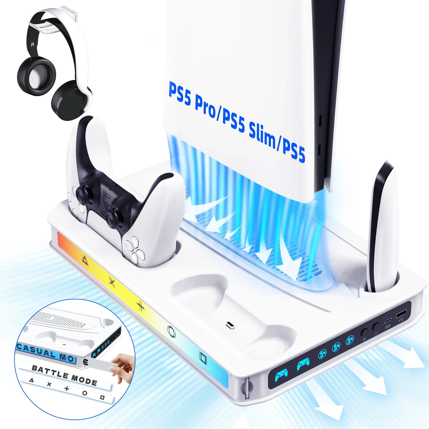 PS5/Pro/Slim Stand for Disc & Digital Console, Playsation 5 Cooling Station with Dual Controller Charger, RGB Light, DIY