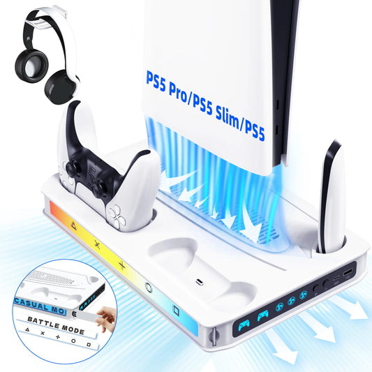 PS5/Pro/Slim Stand for Disc & Digital Console, Playsation 5 Cooling Station with Dual Controller Charger, RGB Light, DIY