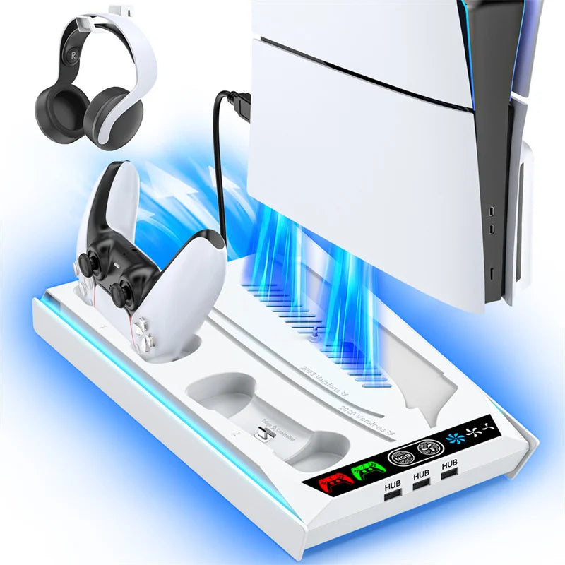 PS5/ PS5 Slim/ PS5 Pro Stand For Disc & Digital Console PS5 Cooling & Charging Station With 3-Level Fan PS5 Controller Charger