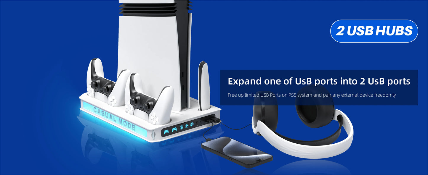 PS5/Pro/Slim Stand for Disc & Digital Console, Playsation 5 Cooling Station with Dual Controller Charger, RGB Light, DIY