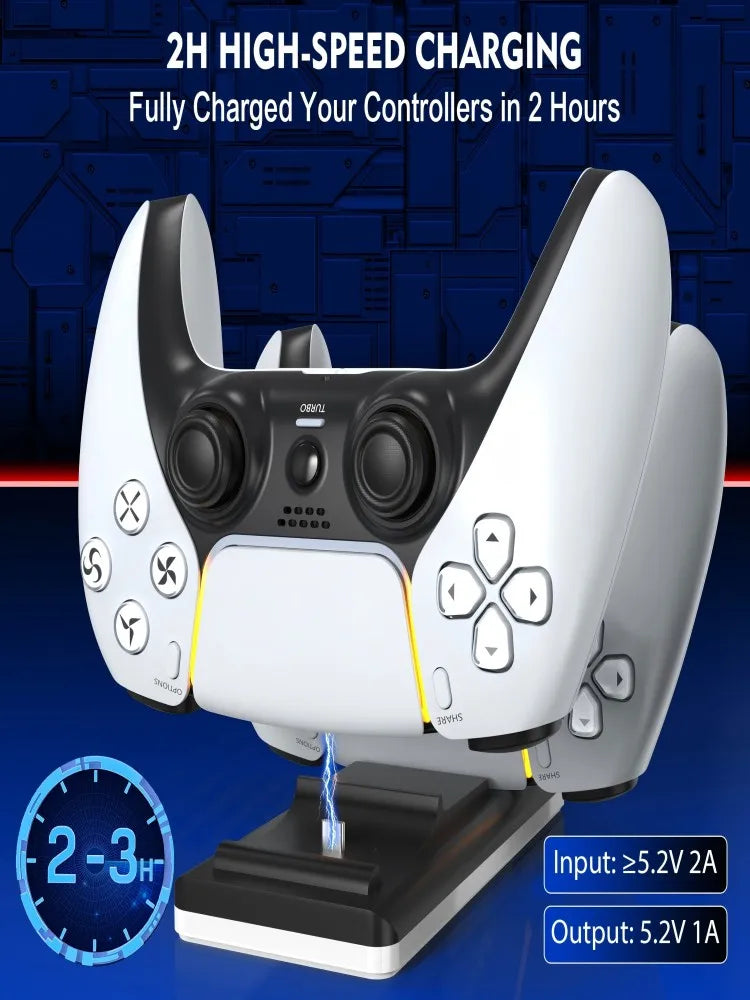 The charger is suitable for PS5 game controllers, supports 2 PS5 controllers to charge, with charging indicator/USB cable