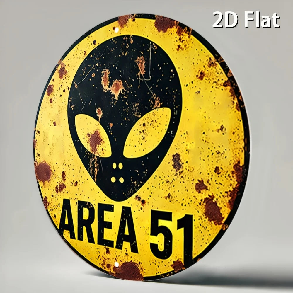 2D Flat 1pc Vintage Metal Sign, Area 51 Alien Warning Aluminium Round Poster with Iconic Alien Symbol, Retro Vintage Look Wall A