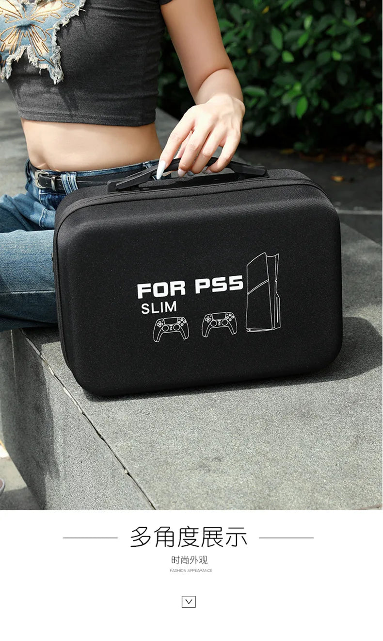 For PS5 Slim Console Carrying Case Lightweight EVA Hard Shell Storage Bag with Shoulder Strap Fits 2 Controllers Stand Cables