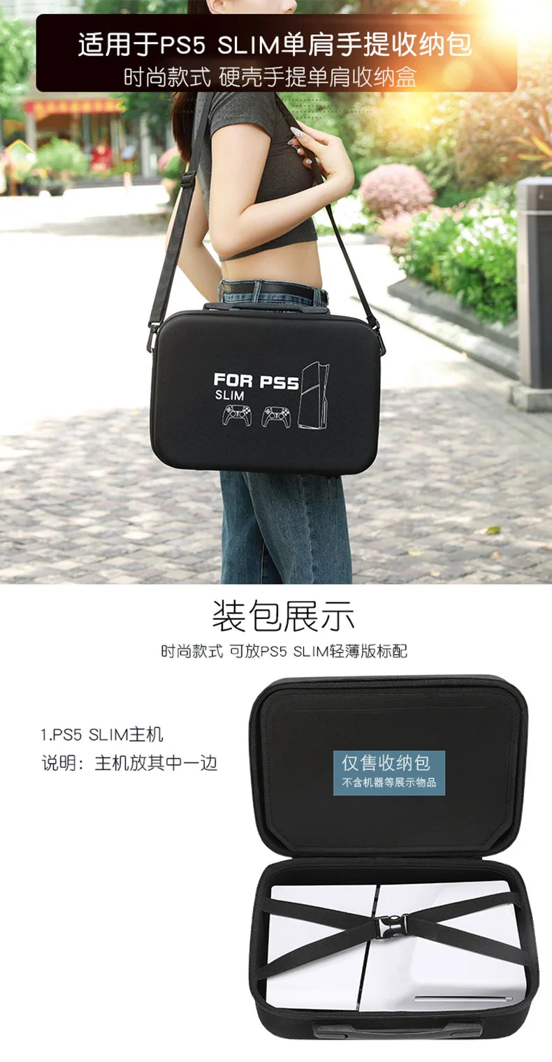For PS5 Slim Console Carrying Case Lightweight EVA Hard Shell Storage Bag with Shoulder Strap Fits 2 Controllers Stand Cables