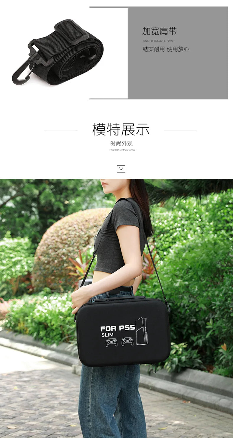 For PS5 Slim Console Carrying Case Lightweight EVA Hard Shell Storage Bag with Shoulder Strap Fits 2 Controllers Stand Cables