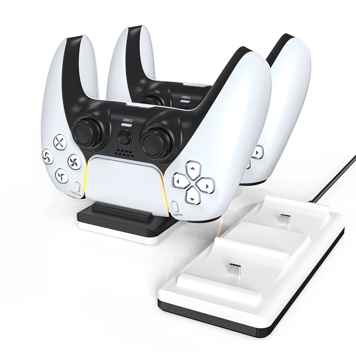 The charger is suitable for PS5 game controllers, supports 2 PS5 controllers to charge, with charging indicator/USB cable