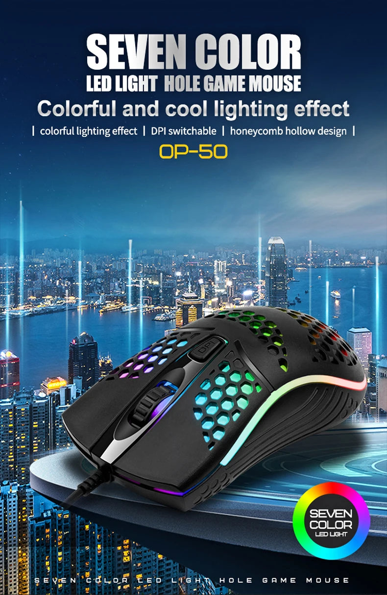 Wired Cable Gaming 7 breathing LED Back Light Optical Mouse USB Computer Hollowed out Mice Laptop Desktop 4D PC home use Office