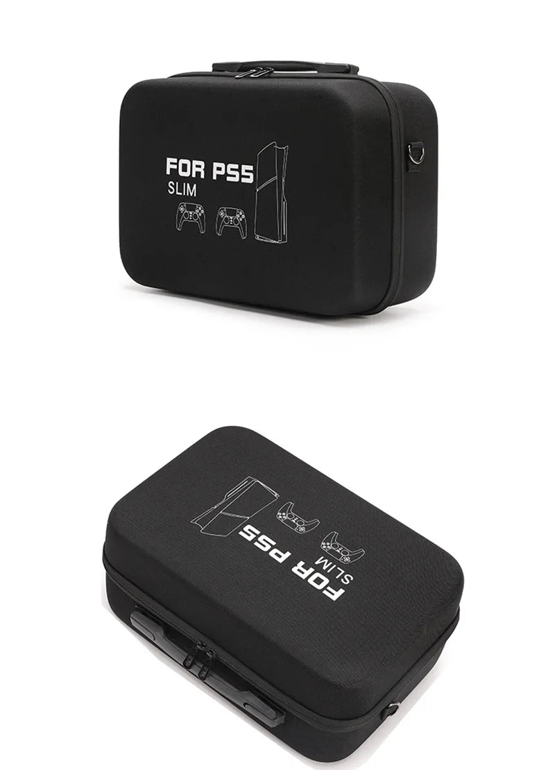 For PS5 Slim Console Carrying Case Lightweight EVA Hard Shell Storage Bag with Shoulder Strap Fits 2 Controllers Stand Cables