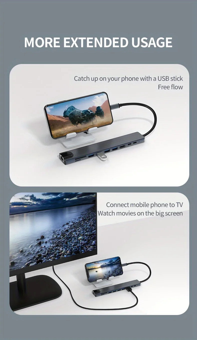 10 in 1 USB C HUB 4K30Hz Docking Station Type C to HDTV-Compatible RJ45 Ethernet PD100W for MacBook iPad Huawei Sumsang Phone