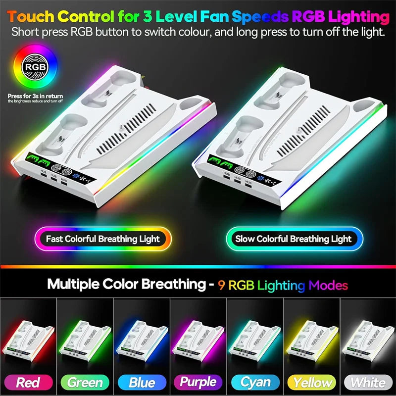 PS5/ PS5 Slim/ PS5 Pro Stand For Disc & Digital Console PS5 Cooling & Charging Station With 3-Level Fan PS5 Controller Charger