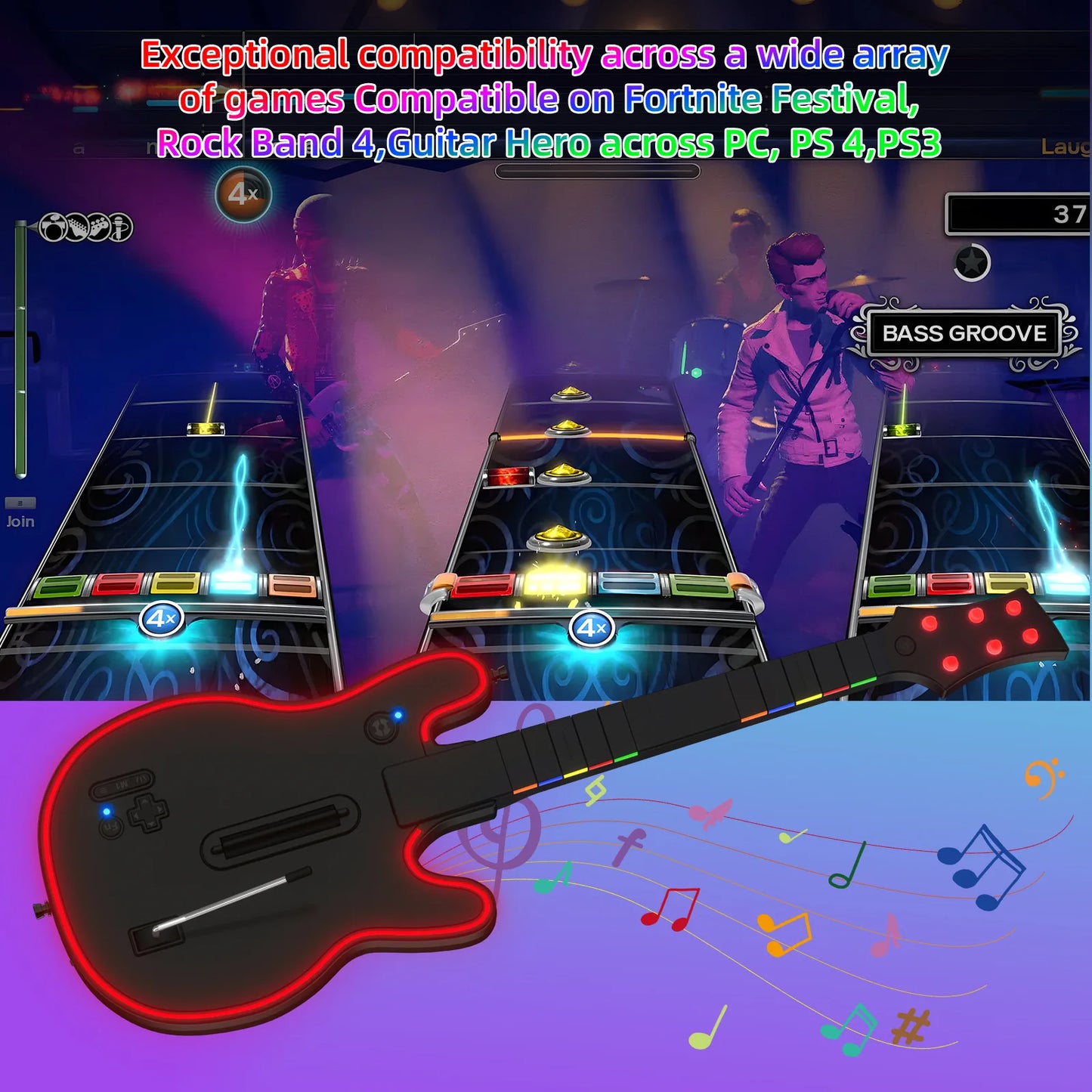 EAEY Wireless Guitar Controller for PS4 Game Console, Compatible with PS3 Console and PC, Suitable for Rock Band - style Games