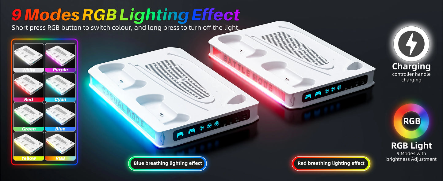 PS5/Pro/Slim Stand for Disc & Digital Console, Playsation 5 Cooling Station with Dual Controller Charger, RGB Light, DIY