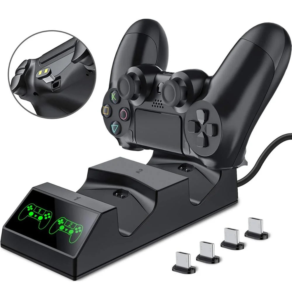 PS4 Controller Charger Charging Dock Station with 4 Micro USB Charging Dongles Dual Charging Dock for Playstation 4 PS4 Slim Pro