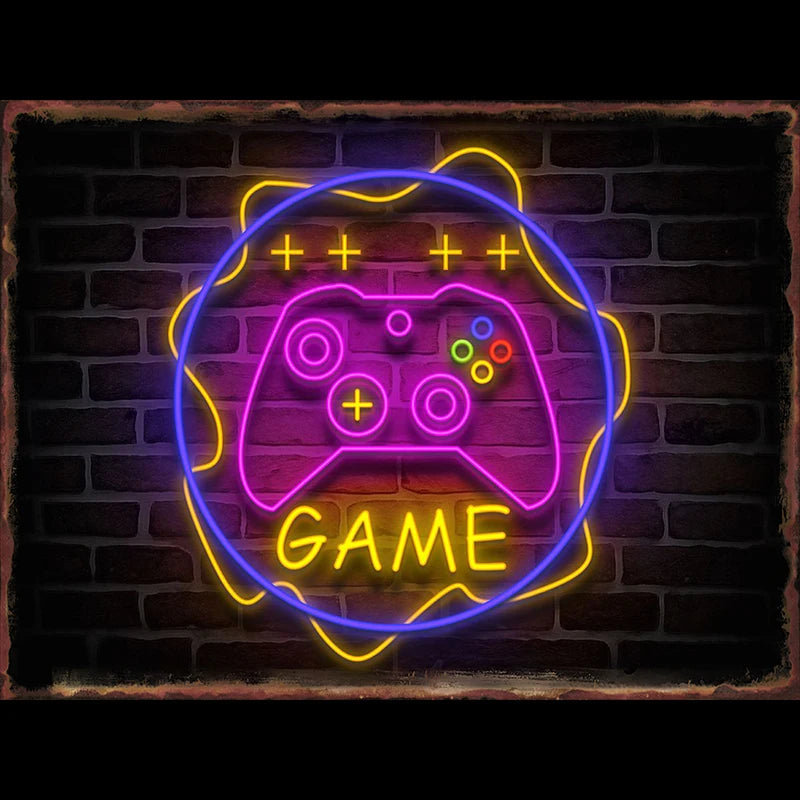 Neon Game Metal Tin Sign Gamer Room Poster Electronic Arena Wall Decor Internet Bar Plaque Gamepad Iron Plate Painted Home Mural