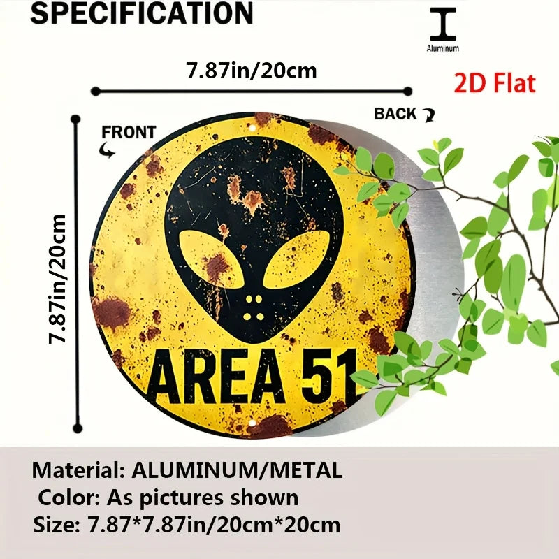 2D Flat 1pc Vintage Metal Sign, Area 51 Alien Warning Aluminium Round Poster with Iconic Alien Symbol, Retro Vintage Look Wall A
