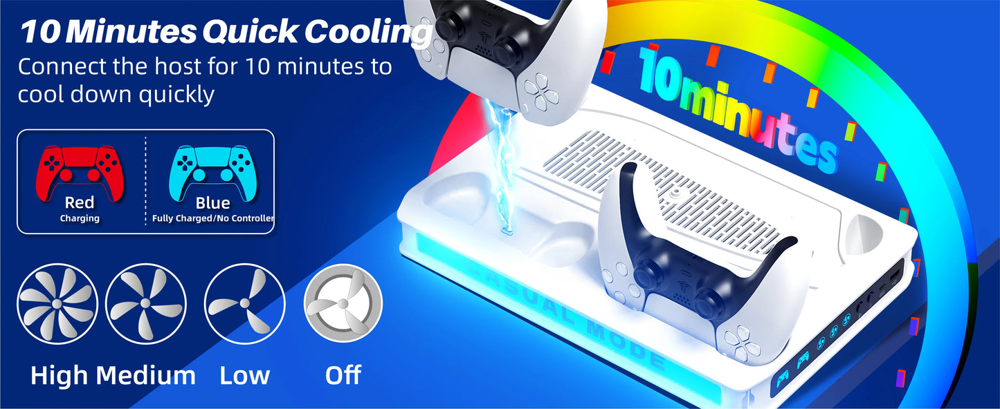 PS5/Pro/Slim Stand for Disc & Digital Console, Playsation 5 Cooling Station with Dual Controller Charger, RGB Light, DIY