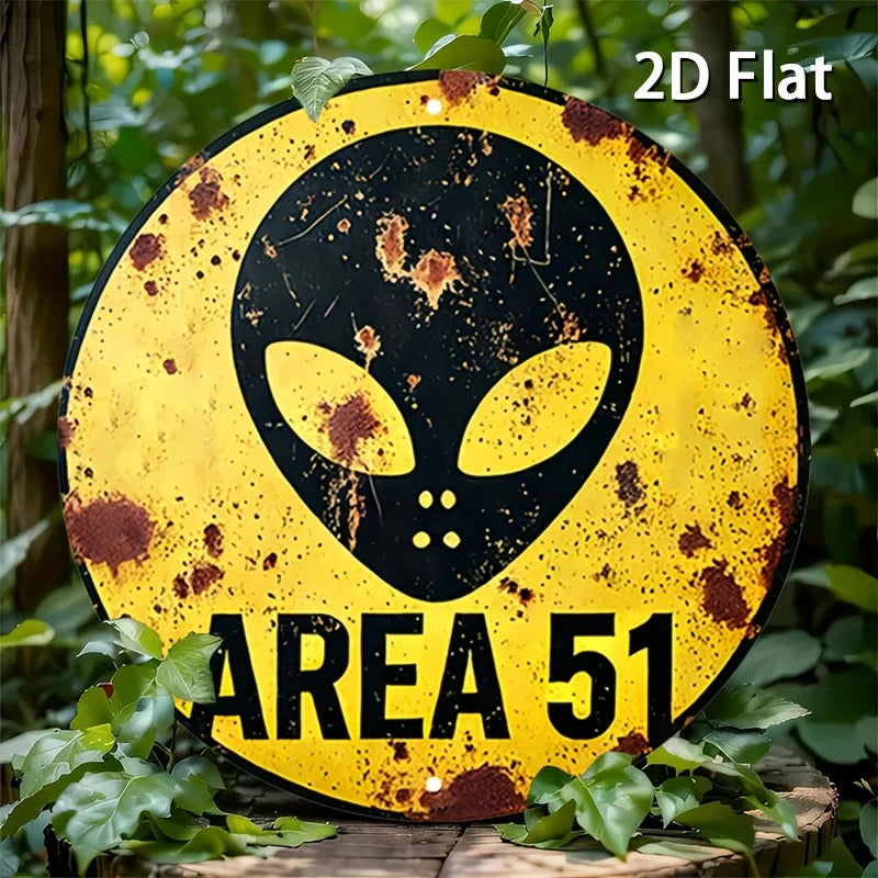 2D Flat 1pc Vintage Metal Sign, Area 51 Alien Warning Aluminium Round Poster with Iconic Alien Symbol, Retro Vintage Look Wall A