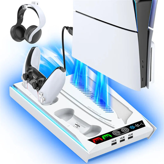 PS5/ PS5 Slim/ PS5 Pro Stand For Disc & Digital Console PS5 Cooling & Charging Station With 3-Level Fan PS5 Controller Charger