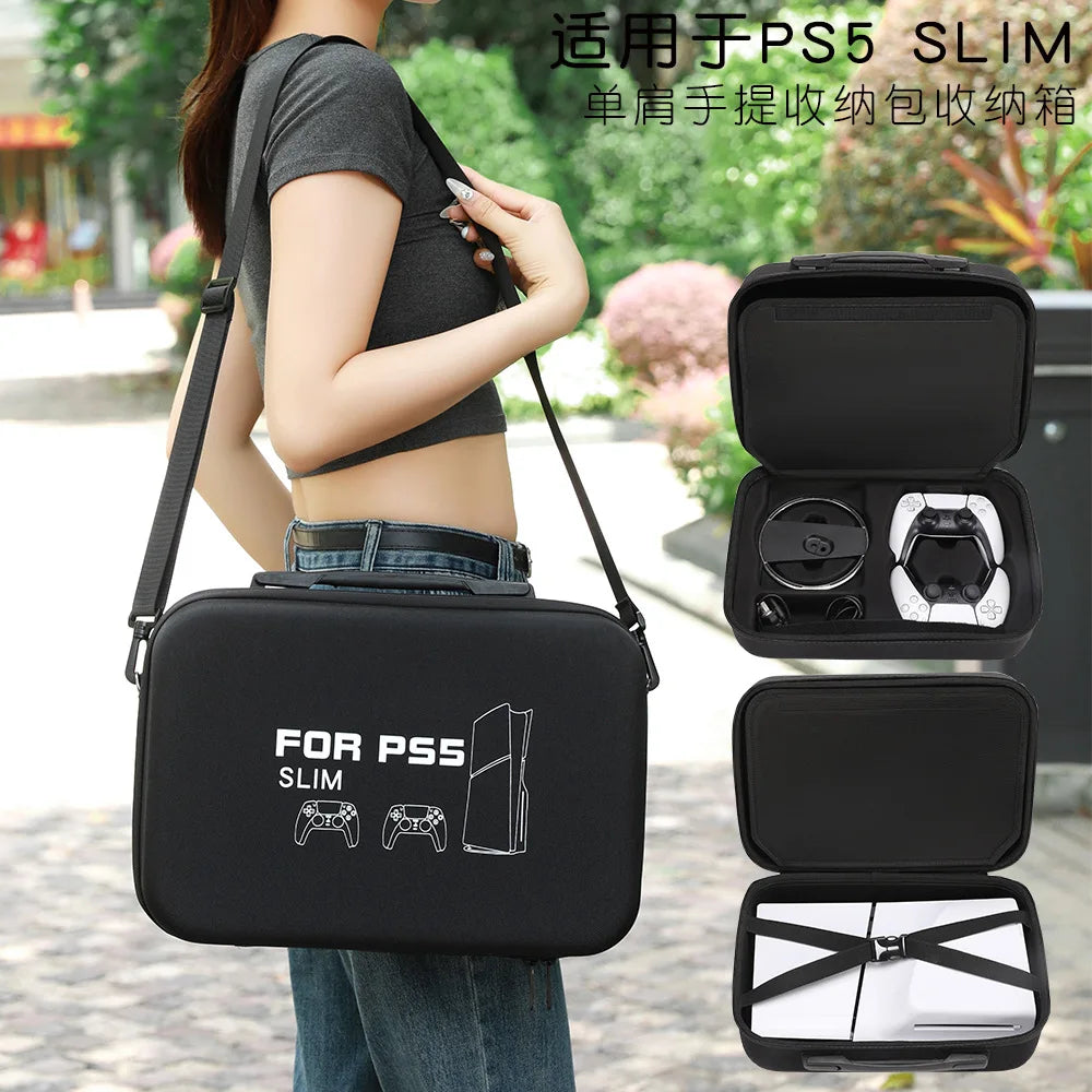 For PS5 Slim Console Carrying Case Lightweight EVA Hard Shell Storage Bag with Shoulder Strap Fits 2 Controllers Stand Cables