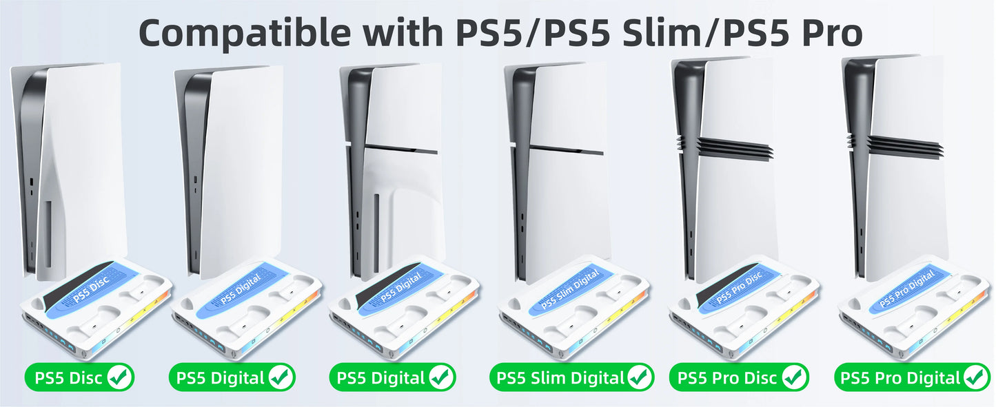 PS5/Pro/Slim Stand for Disc & Digital Console, Playsation 5 Cooling Station with Dual Controller Charger, RGB Light, DIY