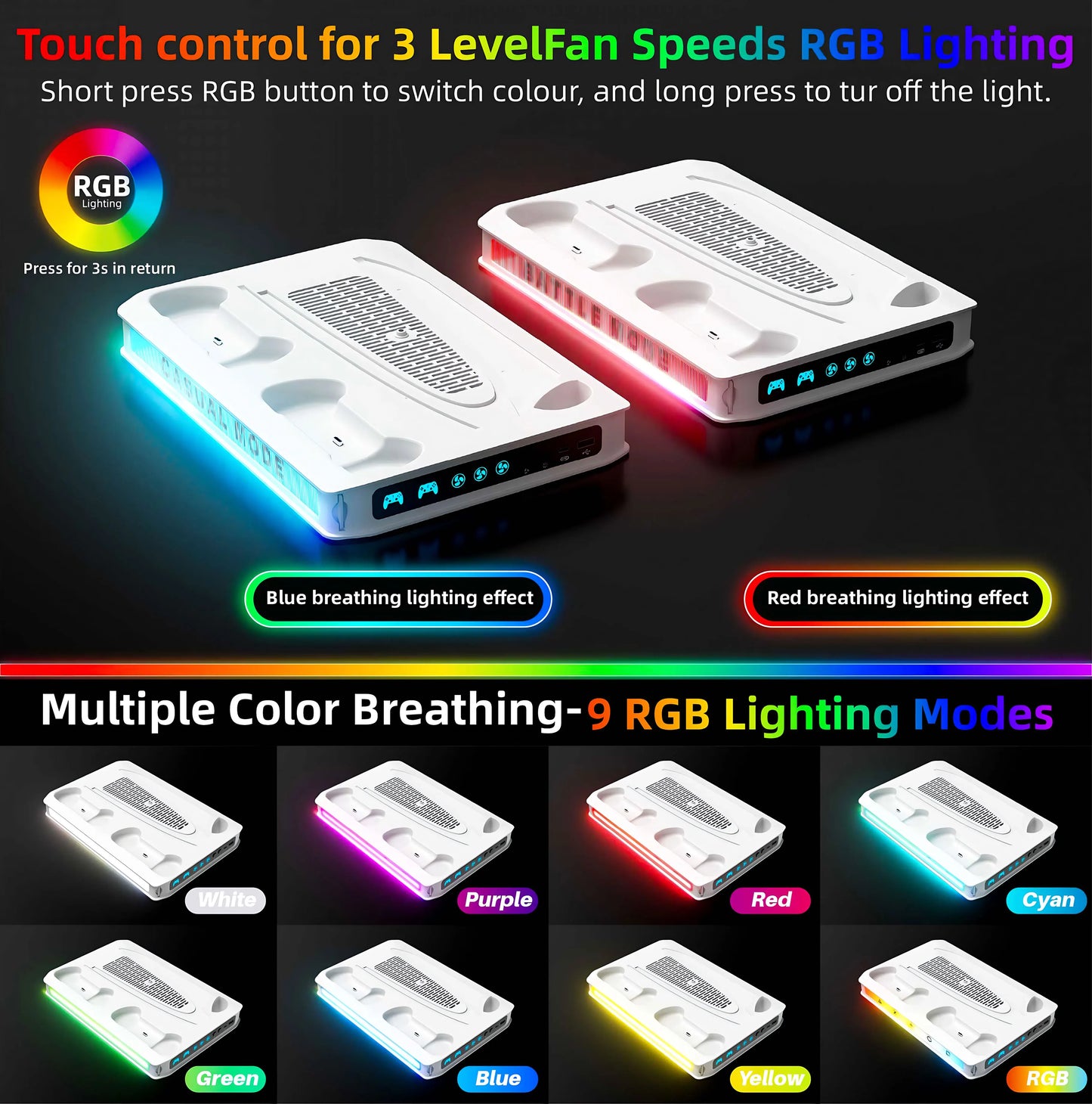 PS5/Pro/Slim Stand for Disc & Digital Console, Playsation 5 Cooling Station with Dual Controller Charger, RGB Light, DIY