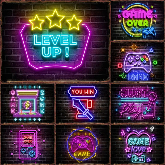 Neon Game Metal Tin Sign Gamer Room Poster Electronic Arena Wall Decor Internet Bar Plaque Gamepad Iron Plate Painted Home Mural