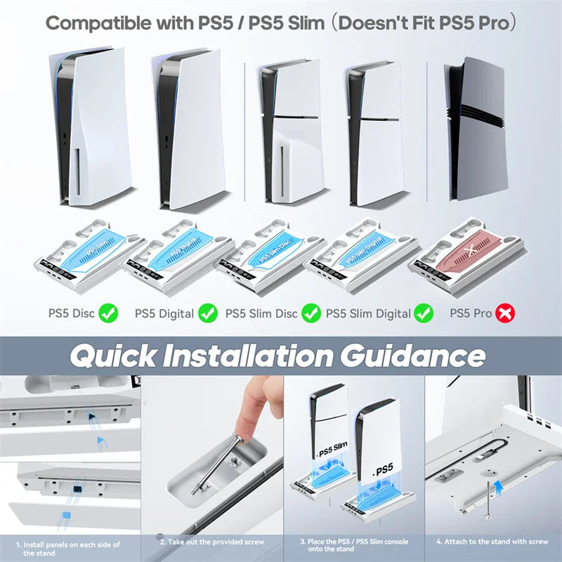PS5/ PS5 Slim/ PS5 Pro Stand For Disc & Digital Console PS5 Cooling & Charging Station With 3-Level Fan PS5 Controller Charger