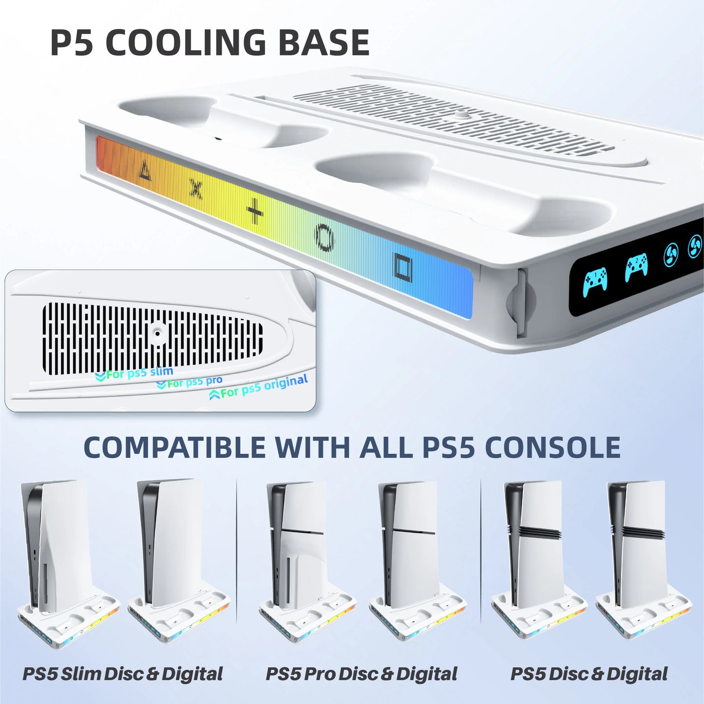 PS5/Pro/Slim Stand for Disc & Digital Console, Playsation 5 Cooling Station with Dual Controller Charger, RGB Light, DIY