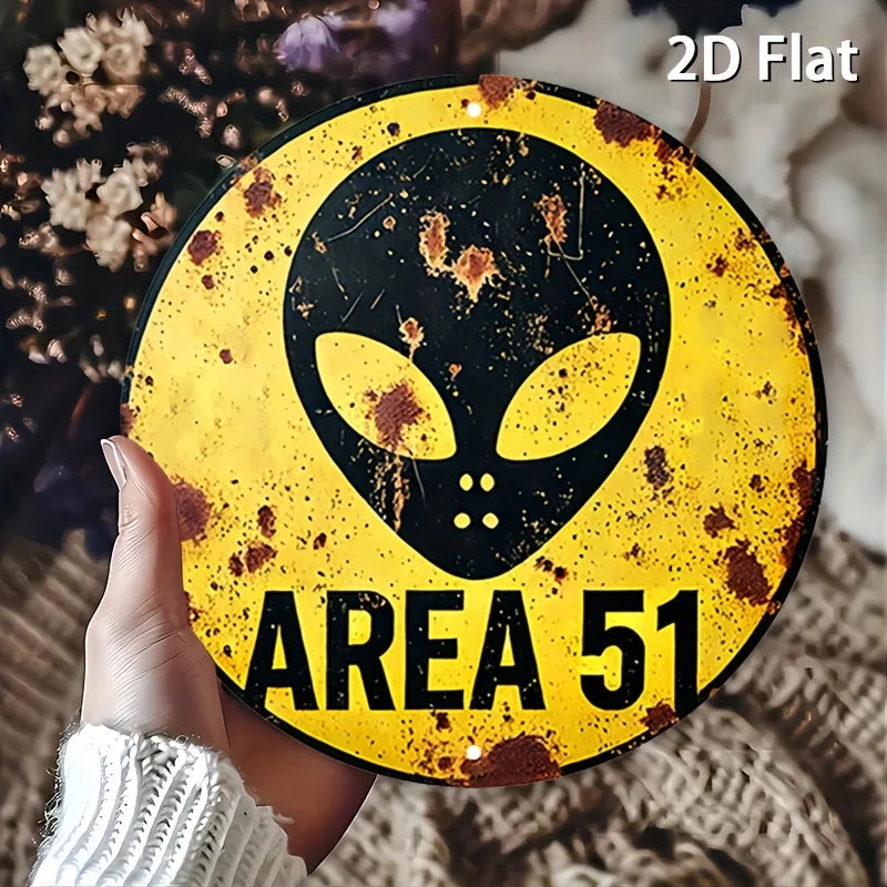 2D Flat 1pc Vintage Metal Sign, Area 51 Alien Warning Aluminium Round Poster with Iconic Alien Symbol, Retro Vintage Look Wall A