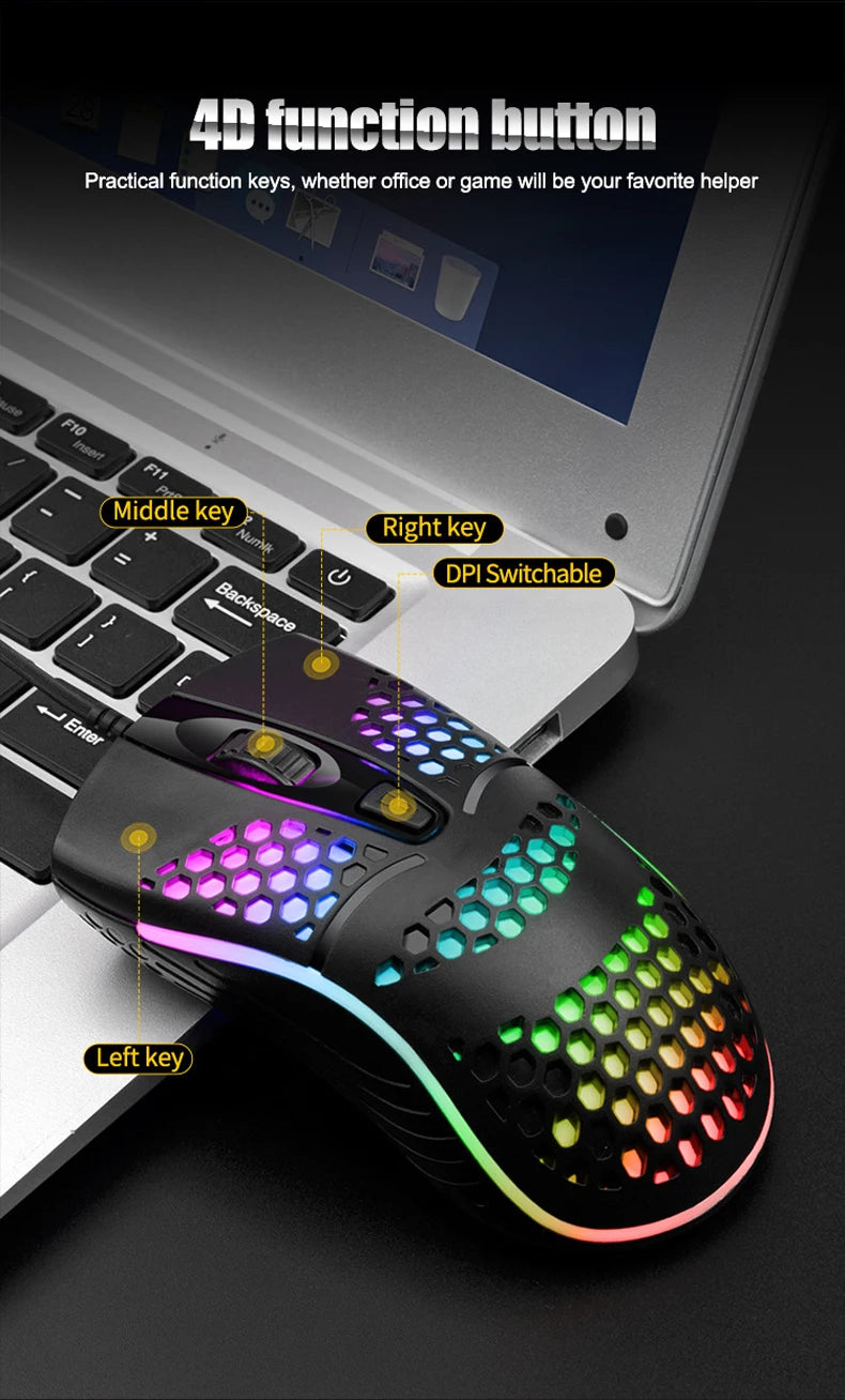 Wired Cable Gaming 7 breathing LED Back Light Optical Mouse USB Computer Hollowed out Mice Laptop Desktop 4D PC home use Office
