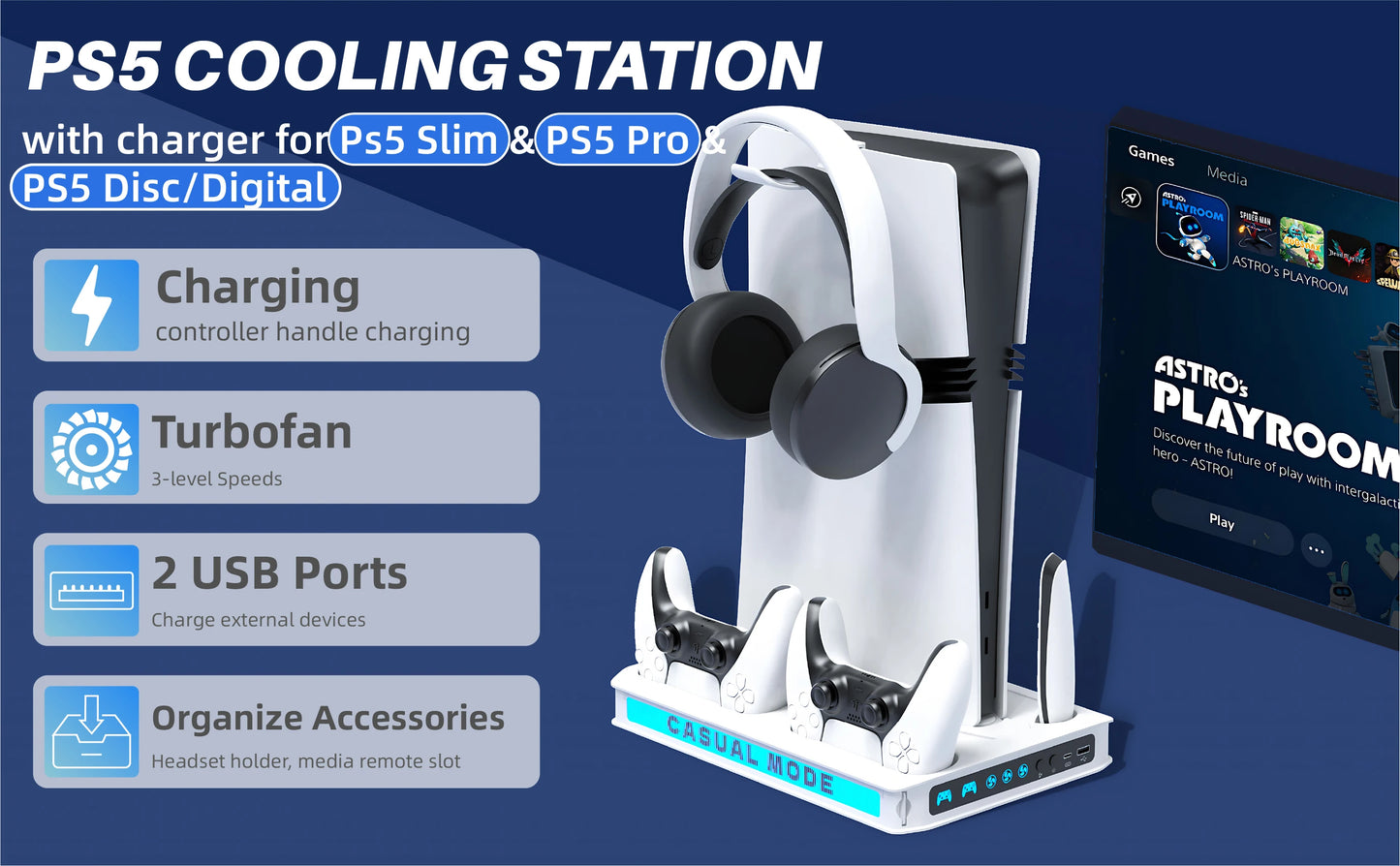 PS5/Pro/Slim Stand for Disc & Digital Console, Playsation 5 Cooling Station with Dual Controller Charger, RGB Light, DIY
