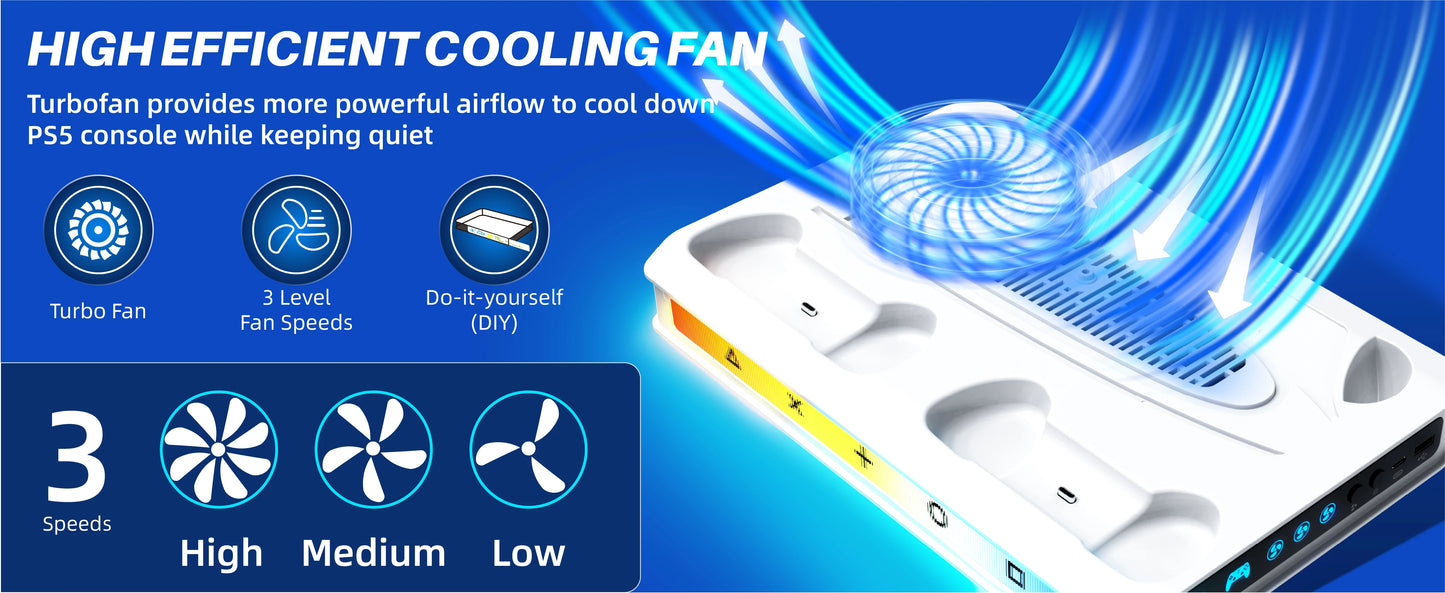 PS5/Pro/Slim Stand for Disc & Digital Console, Playsation 5 Cooling Station with Dual Controller Charger, RGB Light, DIY