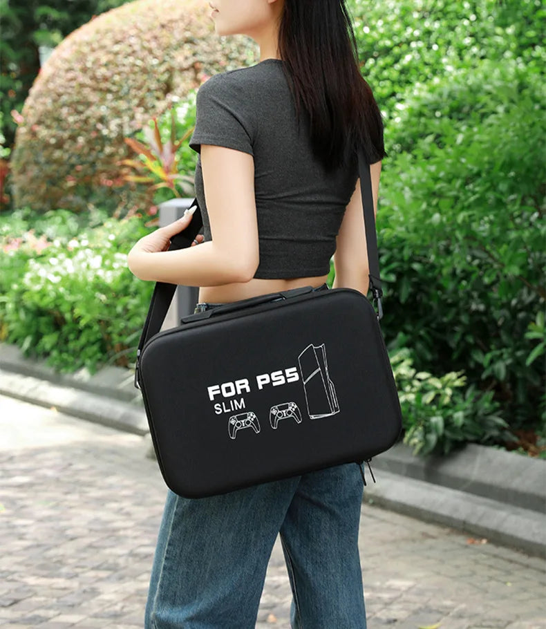 For PS5 Slim Console Carrying Case Lightweight EVA Hard Shell Storage Bag with Shoulder Strap Fits 2 Controllers Stand Cables